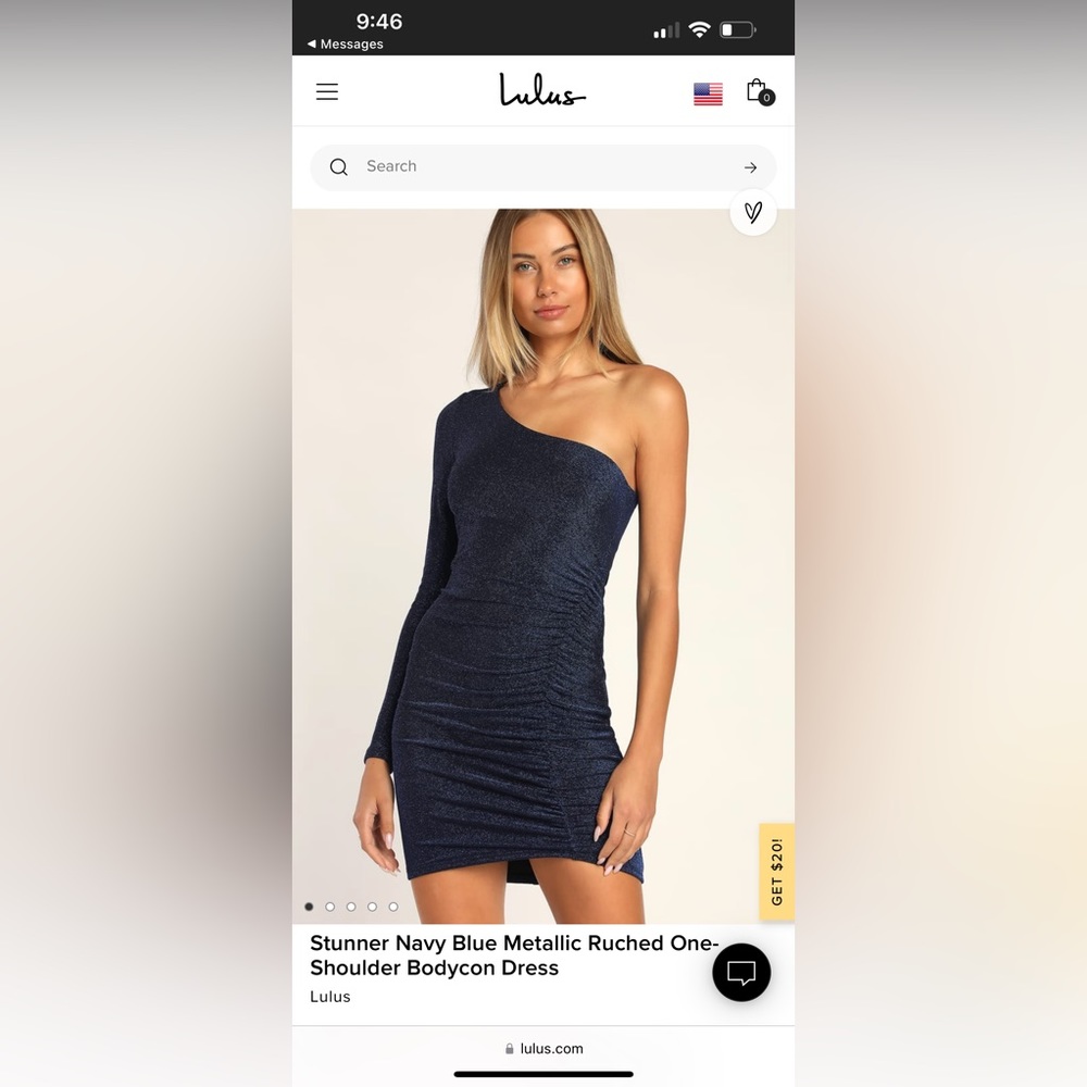 Lulus Navy Metallic One shoulder rouched dress. Size Medium New with tags